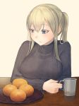  1girl alternate_costume blonde_hair blue_eyes commentary_request cup food fruit graf_zeppelin_(kantai_collection) grey_sweater hair_between_eyes highres kantai_collection looking_to_the_side mandarin_orange masukuza_j mug orange plate ribbed_sweater sidelocks simple_background solo sweater table tsurime twintails upper_body white_background 