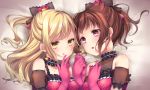 2girls :o alternate_hairstyle bang_dream! bangs bed_sheet black_bow blonde_hair bow brown_eyes brown_hair chiyonekoko choker detached_sleeves earrings frilled_choker frills gloves hair_bow half_updo halterneck hand_holding hand_on_own_chest hand_to_own_mouth ichigaya_arisa jewelry long_hair looking_at_another multiple_girls pink_gloves ponytail romeo_to_cinderella_(vocaloid) short_sleeves sidelocks toyama_kasumi upper_body yellow_eyes yuri 