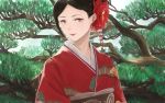  1girl bangs black_hair brown_eyes closed_mouth flower furisode hair_flower hair_ornament japanese_clothes kimono lipstick looking_at_viewer makeup obi original parted_bangs pine_tree red_flower red_kimono red_lipstick sash smile solo somehira_katsu tree upper_body 