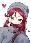  1girl blush covering_mouth deadnooodles grey_hat grey_shirt hair_ornament hair_over_mouth hat heart heart_hair_ornament long_hair long_sleeves looking_at_viewer love_live! love_live!_sunshine!! redhead sakurauchi_riko shirt simple_background solo turtleneck upper_body white_background yellow_eyes 