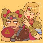  1boy 1girl armor belt blonde_hair blush castlevania closed_eyes dress gloves highres jewelry long_hair muscle nintendo open_mouth princess_zelda simon_belmondo simple_background smile super_smash_bros. super_smash_bros._ultimate the_legend_of_zelda the_legend_of_zelda:_a_link_between_worlds twintails yasaikakiage 