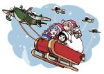  3girls :d ahoge aircraft airplane antlers black_hair blue_hair blush closed_eyes hat i-19_(kantai_collection) i-58_(kantai_collection) kantai_collection lowres maru-yu_(kantai_collection) multiple_girls nishikitaitei-chan open_mouth pink_hair reindeer_antlers sack santa_hat sleigh smile solid_circle_eyes terrajin 