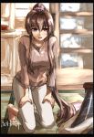  1girl blush breasts brown_hair brown_sweater eyebrows_visible_through_hair flower food hair_flower hair_ornament highres kantai_collection large_breasts long_hair looking_at_viewer open_mouth ponytail remodel_(kantai_collection) seitei_(04seitei) sidelocks sitting sweater very_long_hair yamato_(kantai_collection) 