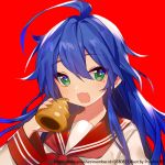  1girl :d ahoge bangs blue_hair blush commentary_request eyebrows_visible_through_hair food green_eyes hair_between_eyes hand_up head_tilt holding holding_food izumi_konata long_hair long_sleeves lowres lucky_star open_mouth prophet_chu red_background red_neckwear red_sailor_collar sailor_collar shirt simple_background smile solo upper_body very_long_hair white_shirt 