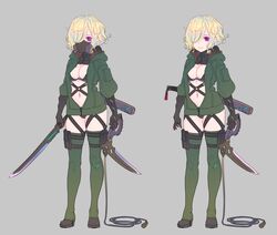  1girl absurdres bangs blonde_hair blush boots breasts cleavage closed_mouth gas_mask green_footwear green_jacket green_legwear grey_background hair_over_one_eye highres holding holding_sword holding_weapon hood hood_down hooded_jacket jacket looking_at_viewer medium_breasts multiple_views nagisa_kurousagi navel open_clothes open_jacket original sheath sheathed simple_background smile standing sword thigh-highs thigh_boots unsheathed violet_eyes weapon 