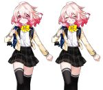  2girls ahoge artist_request backpack bag black_legwear black_skirt bow bowtie closed_eyes closed_mouth cowboy_shot dual_persona elsword facing_viewer gradient_hair grin highres jacket laby_(elsword) looking_at_viewer messy_hair multicolored_hair multiple_girls official_art pink_eyes pink_hair plaid plaid_skirt school_uniform shirt short_hair skirt smile thigh-highs white_hair white_shirt yellow_bow yellow_jacket zettai_ryouiki 