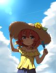  1girl aki_inu alternate_costume bangs blonde_hair blue_sky blush braid closed_mouth clouds commentary_request day dress etorofu_(kantai_collection) eyebrows_visible_through_hair flower food gradient_hair hair_between_eyes hat kantai_collection looking_at_viewer multicolored_hair orange_hair outdoors popsicle shirt sky sleeveless sleeveless_shirt smile solo standing straw_hat sunflower thick_eyebrows twin_braids 