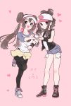  2girls :d baseball_cap black_footwear blush breasts brown_hair character_name closed_mouth creatures_(company) double_bun full_body game_freak hat heart heart_hands heart_hands_duo highres long_hair looking_at_viewer mei_(pokemon) minapo multiple_girls nintendo open_mouth pantyhose pink_background pocket pokemon pokemon_(game) pokemon_bw pokemon_bw2 shoelaces shoes sidelocks simple_background small_breasts smile standing standing_on_one_leg touko_(pokemon) twintails v violet_eyes wristband 