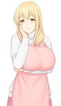  1girl apple apron arm_under_breasts blonde_hair blush breasts brown_eyes commentary commentary_request food fruit hand_on_own_face highres huge_breasts long_hair looking_at_viewer lvl_(sentrythe2310) mature raised_eyebrows ribbed_sweater simple_background smile solo sunohara_ayaka sunoharasou_no_kanrinin-san sweater white_background 