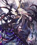  1girl :d animal artist_request bug carapace claws cloak cygames feathered_wings fly giant_insect gold_trim hair_ornament holding holding_sword holding_weapon horns huge_weapon insect leg_lift long_hair looking_at_viewer official_art open_mouth oversized_animal shadowverse smile sword thigh-highs very_long_hair violet_eyes weapon white_hair wings zebet_lady_of_the_flies 