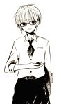  1boy anzu_(o6v6o) belt collared_shirt genderswap genderswap_(ftm) gesture glasses gumiya holding holding_tray looking_at_viewer male_focus monochrome neckerchief sepia shirt simple_background smile solo tray vocaloid waiter white_background 