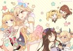  &gt;_&lt; 6+girls aqua_hair bangs bare_shoulders beatrix_(granblue_fantasy) blonde_hair blue_eyes blush bow brown_eyes brown_hair cagliostro_(granblue_fantasy) chibi closed_eyes commentary_request detached_sleeves djeeta_(granblue_fantasy) doughnut eating flower food frills gloves gradient_hair granblue_fantasy hair_flower hair_ornament hairband hand_holding heart holding holding_food io_euclase long_sleeves looking_at_another looking_away maru_(maruplum) multicolored_hair multiple_girls open_mouth purple_flower purple_rose red_flower red_rose rose rosetta_(granblue_fantasy) star striped striped_background sweat translation_request twintails twitter_username violet_eyes white_background white_hairband yellow_background yuri zeta_(granblue_fantasy) 