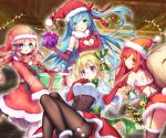  4girls :d :o :q armor_blitz armpit_peek ass back bangs bare_shoulders bell belt bent_over black_legwear blonde_hair blue_eyes blue_hair blush boots bow bowtie box breasts brown_footwear bunny_tail buttons capelet choker christmas christmas_lights christmas_tree cleavage cleavage_cutout closed_mouth crop_top detached_sleeves dress earmuffs elbow_gloves eyebrows_visible_through_hair floating_hair from_behind fur-trimmed_capelet fur-trimmed_dress fur-trimmed_gloves fur-trimmed_skirt fur-trimmed_sleeves fur_trim garter_straps gift gift_box gloves glowing green_eyes green_neckwear green_ribbon hair_between_eyes hair_ribbon hands_up hat heart_cutout holding holding_gift holding_sack kibii_mocha knees_up large_breasts leg_up light_rays long_hair long_sleeves looking_at_viewer looking_back medium_breasts midriff miniskirt multiple_girls namie-kun official_art okazu_(eightstudio) one_side_up open_mouth orange_eyes pantyhose parted_lips pink_hair pinky_out pom_pom_(clothes) red_choker red_dress red_gloves red_hat red_ribbon red_scarf red_shirt red_skirt redhead ribbon sack santa_costume santa_hat scarf shirt short_hair shoulder_blades sidelocks skirt sleeveless sleeveless_shirt smile snowflakes standing standing_on_one_leg star swept_bangs tail tareme tenmuki thigh-highs thighband_pantyhose thighs tongue tongue_out underbust violet_eyes white_capelet white_legwear white_shirt wide_sleeves zettai_ryouiki 