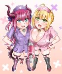  2girls asymmetrical_docking blonde_hair blue_eyes breast_press elizabeth_bathory_(fate) fate/extra fate_(series) green_eyes horns large_breasts mabo-udon nurse nurse_cap pink_hair saber small_breasts tail thigh-highs 
