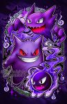  abstract_background bat black_eyes chains clouds commentary creature creatures_(company) english_commentary evil_smile evolution fangs flying full_body game_freak gastly gen_1_pokemon gengar ghost grin haunter looking_at_viewer nintendo no_humans pokemon pokemon_(creature) purple purple_background red_sclera retkikosmos sharp_teeth smile teeth watermark web_address 