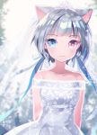  1girl animal_ears bangs bare_shoulders blue_eyes blue_ribbon blurry blurry_background blush bow breasts cat_ears closed_mouth collarbone depth_of_field dress eyebrows_visible_through_hair grey_dress grey_hair hair_bow hair_ribbon heterochromia mechuragi off-shoulder_dress off_shoulder original red_eyes ribbon small_breasts smile solo tiara upper_body white_bow 