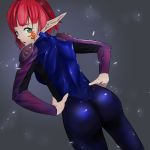  1girl absurdres ass bangs bodysuit elf facial_tattoo green_eyes grey_background hands_on_hips highres looking_at_viewer looking_back open_mouth original pink_lips pointy_ears redhead short_hair shoulder_pads simple_background standing tattoo yoshida_ken 