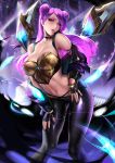  1girl black_choker bracelet breasts bustier choker cian_yo commentary double_bun eyeshadow fingerless_gloves gloves hands_on_own_thighs jewelry k/da_(league_of_legends) k/da_kai&#039;sa kai&#039;sa league_of_legends long_hair looking_at_viewer makeup midriff nail_polish pants purple_hair solo tight tight_pants violet_eyes 