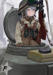  1girl animal_ears bag bangs binoculars braid cannon cat_ears dress fkey grey_hair ground_vehicle gun headwear_removed helmet helmet_removed highres holding holding_helmet military military_uniform military_vehicle motor_vehicle original red_eyes rifle solo tank twin_braids uniform weapon 