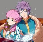 1boy 1girl blonde_hair blue_eyes blue_hair book brother_and_sister closed_mouth crossed_arms earrings fire_emblem fire_emblem_heroes gradient_hair grey_background gunnthra_(fire_emblem) haru_hikoya hrid_(fire_emblem_heroes) jewelry long_hair long_sleeves multicolored_hair nintendo open_book parted_lips pink_hair short_hair siblings silver_hair simple_background snowflakes spiky_hair 