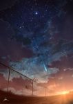  alu.m_(alpcmas) chain-link_fence clouds cloudy_sky commentary_request fence fisheye highres night night_sky no_humans original outdoors scenery shooting_star signature sky star_(sky) starry_sky sunlight sunrise tree 