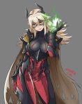  1girl armor artist_name bone breastplate cape fire_emblem fire_emblem_heroes gauntlets grey_background horned_mask horns long_hair mask nintendo parted_lips red_eyes samanator_club see-through shoulder_armor simple_background skeleton smile solo thrasir_(fire_emblem) torn_cape torn_clothes white_hair 