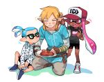  1girl 2boys blonde_hair blue_eyes blue_hair blush closed_eyes curry dark_skin earrings fang fingerless_gloves food glasses gloves hakinikui_kutsu_no_mise hat holding inkling jewelry link long_hair male_focus multiple_boys nintendo open_mouth pink_hair pointy_ears ponytail shirt shoes smile splatoon splatoon_(series) splatoon_2 super_smash_bros. super_smash_bros._ultimate tentacle_hair the_legend_of_zelda the_legend_of_zelda:_breath_of_the_wild 