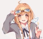  1girl ahoge bangs blush braid brown_eyes cardigan goggles goggles_on_head light_brown_hair long_hair looking_at_viewer mole mole_under_eye open_mouth original peachy_michi signature solo twin_braids upper_body white_background 
