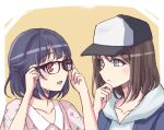  2girls :d adjusting_eyewear bang_dream! bangs baseball_cap black-framed_eyewear black_hair blue_jacket brown_hair collarbone floral_print glasses grey_eyes grey_hoodie hair_flaps hand_on_own_chin hat hood hood_down jacket light_frown looking_at_another multiple_girls okusawa_misaki open_mouth orange_background red_eyes short_hair smile tamaguu_(lanev0) upper_body ushigome_rimi 