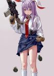  1girl animal_ears assault_rifle bangs blue_skirt breast_pocket brown_gloves commentary explosive feet_out_of_frame fkey gloves grenade grey_background gun hair_between_eyes hand_up handgun highres holding holding_gun holding_weapon kneehighs long_hair looking_at_viewer m4_carbine miniskirt necktie panties panty_peek pistol pocket purple_hair rabbit_ears red_eyes red_neckwear reisen_udongein_inaba rifle shirt simple_background skirt skirt_hold solo standing thighs tongue tongue_out touhou underwear v-shaped_eyebrows weapon white_legwear white_panties white_shirt wing_collar 