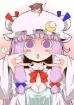  &gt;:o :o =3 \m/ bat_wings blush_stickers bow breasts capelet chibi chibi_on_head cleavage collarbone commentary_request crescent crescent_moon_pin gradient gradient_background hair_ribbon hat hat_bow head_wings koakuma long_hair long_sleeves looking_at_viewer minigirl mob_cap on_head patchouli_knowledge pink_background purple_hair redhead ribbon short_sleeves touhou tress_ribbon v-shaped_eyebrows very_long_hair violet_eyes white_background wide_sleeves wings zannen_na_hito zzz 