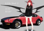  1girl absurdres alternate_costume artist_name bare_legs black_hoodie black_wings blush car closed_mouth clothes_writing commentary_request demon_wings drawstring english_text full_body green_footwear grey_background ground_vehicle hands_in_pockets head_tilt head_wings highres hood hood_down jpeg_artifacts koakuma long_hair long_sleeves low_wings miniskirt motor_vehicle nagata_nagato nissan_fairlady pigeon-toed red_eyes redhead shoes simple_background skirt solo standing touhou white_skirt wings 