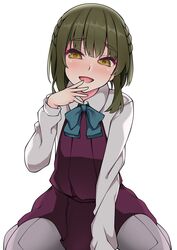  1girl black_triangle_(artist) blush bob_cut bow bowtie braid brown_eyes dress eyebrows_visible_through_hair green_hair grey_legwear hair_ornament highres kantai_collection long_sleeves looking_at_viewer open_mouth pantyhose school_uniform shirt short_hair short_hair_with_long_locks sidelocks simple_background sitting sleeveless sleeveless_dress takanami_(kantai_collection) wariza white_background white_shirt 