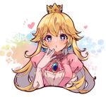  1girl blonde_hair blue_eyes blush breasts crown dress earrings gem gloves hair_between_eyes hand_to_own_mouth heart heart-shaped_pupils jewelry long_hair medium_breasts mini_crown nachoz_(nachozart) pink_dress princess_peach puckered_lips puffy_short_sleeves puffy_sleeves short_sleeves solo super_mario_bros. symbol-shaped_pupils upper_body white_background white_gloves 