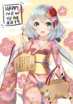  1girl 2019 :d absurdres animal_bag bag bangs blue_eyes blush commentary_request ema eyebrows_visible_through_hair floral_print flower hair_between_eyes hair_flower hair_ornament happy_new_year highres holding holding_bag holmemee japanese_clothes kimono konno_junko long_hair looking_at_viewer low_twintails nengajou new_year obi open_mouth pink_flower pink_kimono print_kimono purple_flower red_flower sash silver_hair smile solo thick_eyebrows translated twintails very_long_hair zombie_land_saga 