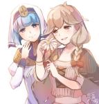  2girls blonde_hair blue_hair bow bracelet braid brown_eyes closed_mouth effie_(fire_emblem) fire_emblem fire_emblem_echoes:_mou_hitori_no_eiyuuou flower hair_bow holding holding_flower jewelry long_hair long_sleeves multiple_girls nintendo open_mouth red_bow short_hair signature silk_(fire_emblem) simple_background smile twin_braids veil white_background yukimiyuki 