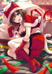  1girl ;d absurdres animal_ears animal_hat ass bangs black_bow blue_ribbon blush boots bow breasts brown_hair capelet cat_ears cat_hat cat_tail christmas christmas_tree cleavage fang fireplace fur-trimmed_boots fur-trimmed_capelet fur-trimmed_gloves fur-trimmed_hat fur_trim gloves green_eyes green_ribbon hasumi_(hasubatake39) hat highres idolmaster idolmaster_cinderella_girls indoors large_breasts looking_at_viewer lying maekawa_miku on_side one_eye_closed open_mouth paw_pose red_capelet red_footwear red_gloves red_ribbon red_shorts ribbon sack santa_costume santa_hat short_hair shorts smile solo tail yellow_ribbon 