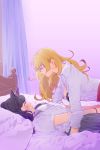  2girls animal_ears bed_frame black_bra black_hair blake_belladonna blonde_hair blush bra breasts brown_eyes cat_ears collared_shirt from_side gradient gradient_background grin long_hair long_sleeves lying multiple_girls on_back on_bed open_clothes open_shirt pillow pink_background purple_background rwby shirt short_sleeves sideboob smile udo_(zzinya) underwear violet_eyes wavy_hair white_shirt wristband yang_xiao_long yuri 