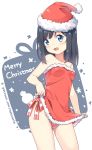  1girl ass_visible_through_thighs bangs bare_arms bare_shoulders black_hair blue_eyes blush bow breasts chinese_commentary christmas collarbone commentary_request contrapposto dress dress_lift fur-trimmed_dress fur-trimmed_hat fur_trim groin hat hatsunatsu head_tilt lifted_by_self long_hair looking_at_viewer merry_christmas original red_bow red_dress red_hat red_ribbon ribbon santa_costume santa_hat small_breasts solo standing strapless strapless_dress striped striped_bow striped_ribbon watermark web_address white_background 