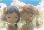 2girls :d ^_^ aoba_moca bang_dream! black_hair blush bob_cut child closed_eyes commentary_request day flower grey_hair grin hair_flower hair_ornament hand_holding hat hat_ribbon marker_(medium) mitake_ran multiple_girls open_mouth outdoors red_ribbon ribbon short_hair sleeveless smile straw_hat sun_hat sunflower traditional_media upper_body younger yuyuyugoonn