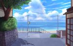  absurdres animal biako bird blue_sky clouds commentary_request crosswalk day flying hedge_(plant) highres horizon no_humans ocean original outdoors pedestrian_lights railing road scenery sky summer tree tree_shade water 