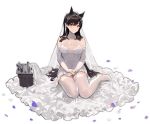  1girl animal_ears atago_(azur_lane) azur_lane bare_shoulders black_hair blush breasts cleavage closed_mouth collarbone dress eyebrows_visible_through_hair fox_ears full_body garter_straps high_heels jewelry kishiyo large_breasts long_hair looking_at_viewer official_art petals ring seiza sitting smile solo thigh-highs transparent_background very_long_hair wedding_dress wedding_ring white_dress white_footwear white_legwear 