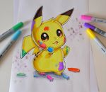  2018 animal brown_eyes lighane nintendo no_humans paint pikachu pokemon solo traditional_media 