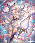  1girl animal_ears bangs bare_shoulders breasts brown_eyes cleavage droplet erune feathers flower gloves granblue_fantasy hair_ornament high_collar holding korwa large_breasts legs_together long_hair minaba_hideo official_art outstretched_arm quill rose shadowverse sidelocks silver_hair smile sparkle standing tagme thigh-highs thighs water_drop 