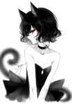  1girl absurdres animal_ears artist_name bare_arms bare_shoulders black_hair breasts bug butterfly cat_ears cat_tail choker collarbone commentary dress eyelashes highres insect limited_palette looking_at_viewer original parted_lips profile red_eyes sheya short_hair signature simple_background small_breasts solo spot_color strapless strapless_dress tail upper_body v_arms white_background 