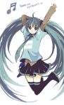  1girl absurdly_long_hair ahoge anzu_(o6v6o) aqua_eyes aqua_hair aqua_neckwear aqua_shirt arm_behind_head arms_up bangs black_footwear black_skirt boots clenched_hand clothes_writing collared_shirt full_body grey_shirt hand_on_own_arm hatsune_miku jumping long_hair long_sleeves looking_at_viewer miniskirt musical_note necktie pleated_skirt shirt short_over_long_sleeves short_sleeves skirt solo thigh-highs thigh_boots tie_clip translated twintails very_long_hair vocaloid 