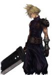  1boy bandage bandaged_arm bandages belt blonde_hair blue_eyes bolt buster_sword cloud_strife earrings final_fantasy final_fantasy_vii fingerless_gloves gloves holding holding_sword holding_weapon jewelry looking_to_the_side male_focus muscle pauldrons screw short_hair shu-mai simple_background solo spiky_hair strap sword turtleneck weapon white_background 