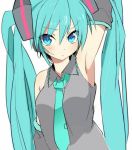 1girl aqua_eyes arm_up armpits bare_shoulders blue_hair blush embarrassed hatsune_miku highres looking_at_viewer twintails vocaloid 
