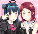  2girls black_bow black_wings blue_hair blush bow commentary_request fake_halo feathered_wings frills fur_collar hair_bow hair_ornament hairband hairclip half_updo hand_on_another&#039;s_shoulder hand_up long_hair long_sleeves looking_at_viewer love_live! love_live!_sunshine!! morerin multiple_girls open_mouth pink_background redhead sakurauchi_riko side_bun sleeveless smile tsushima_yoshiko upper_body violet_eyes w_over_eye wings yellow_eyes 