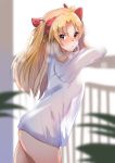  1girl abi_(abimel10) bangs blonde_hair blurry blurry_background blurry_foreground blush bow breasts commentary_request depth_of_field ereshkigal_(fate/grand_order) eyebrows_visible_through_hair fate/grand_order fate_(series) hair_bow highres long_hair looking_at_viewer looking_to_the_side medium_breasts naked_shirt nose_blush parted_bangs red_bow red_eyes see-through see-through_silhouette shirt solo two_side_up undressing v-shaped_eyebrows very_long_hair white_shirt 